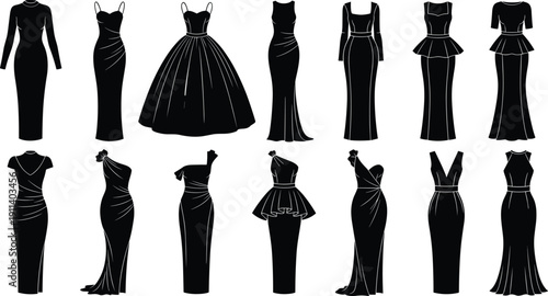 Elegant black evening gown silhouettes collection with long formal dresses, fashion design templates, luxury cocktail and gala outfits isolated on white background