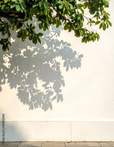 Close-up of green foliage casting a detailed shadow on a smooth, white wall. A paved path is visible below the wall