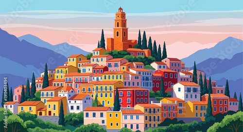 Colorful Mediterranean hillside town illustration with vibrant houses, church tower and mountain landscape, scenic European village architecture at sunset, travel poster style artwork