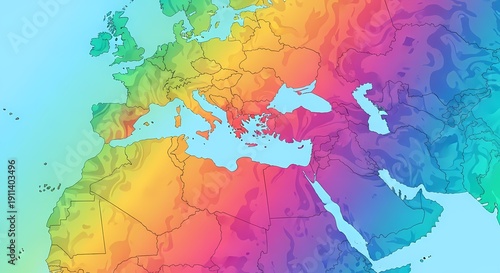 A vibrant rainbow-colored map showing Europe, North Africa, and the Middle East, highlighting the Mediterranean Sea with a gradient of hues.