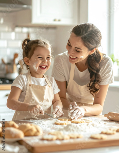 Mother and daughter are baking cookies together, filled with joy