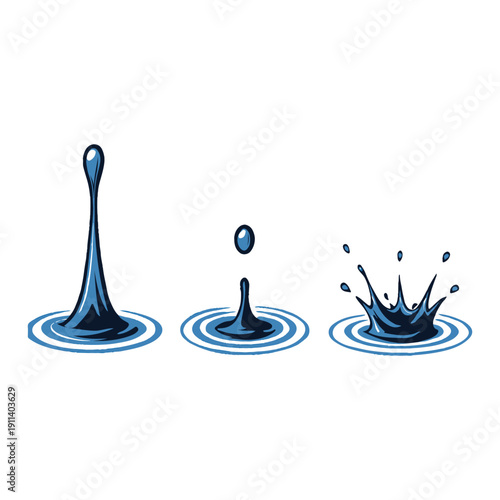 Water droplet sequence: splash, drip, and ripple effect illustration
