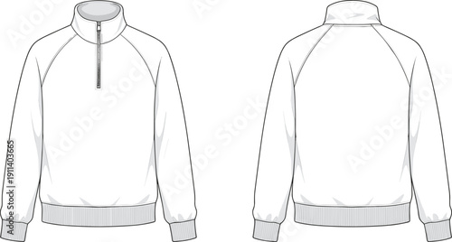 Men's quarter zip pullover sweatshirt technical fashion illustration with front and back views, long sleeve casual top design for apparel manufacturing and clothing mockups