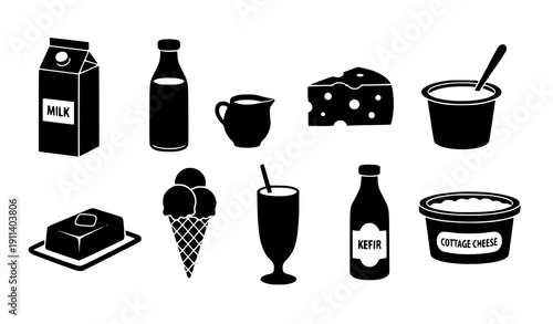 Farm and Dairy Solid Glyph Icons – Milk, Cheese, Butter, Yogurt for Grocery and Nutrition