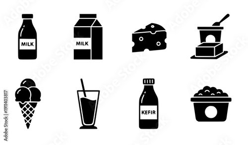 Dairy and Farm Food Solid Icon Pack – Milk, Cheese, Yogurt, Butter Vector Collection