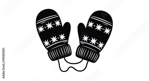 Black knitted mittens with snowflake pattern and ribbed cuffs.