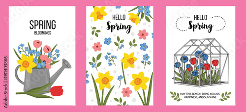 Spring greeting card collection with blooming flowers, daffodils and tulips, watering can bouquet, greenhouse illustration, pastel floral design for seasonal invitation templates