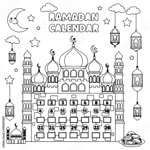 Ramadan advent calendar coloring page for children featuring a large mosque with numbered boxes for daily tracking surrounded by Islamic symbols like lanterns, crescent moon, and stars.