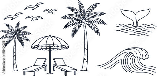 Tropical beach line art illustration set with palm trees, ocean waves, whale tail, seagulls and sun loungers, summer vacation outline icons