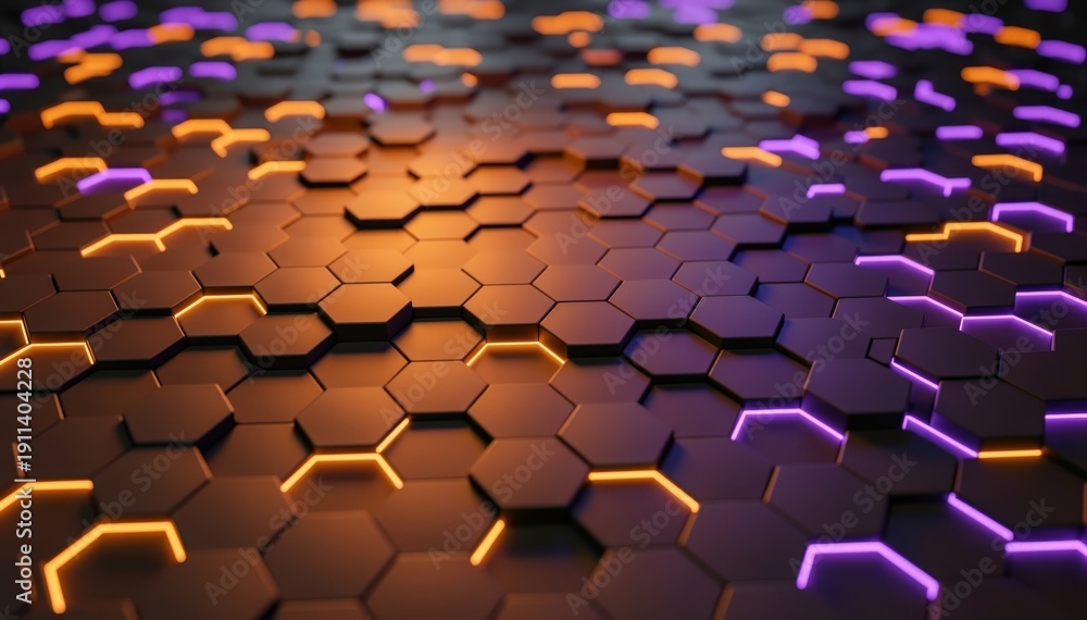 Obraz premium Honeycomb Mosaic: A dynamic mosaic of hexagonal tiles, illuminated with vibrant orange and purple hues, forming an abstract digital design. 