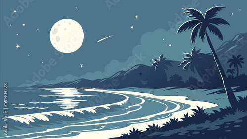  Moonlit Ocean Waves Under Starry Night Sky Vector