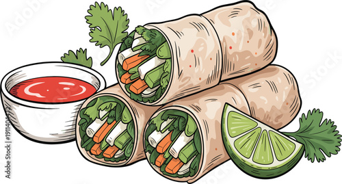 Delicious fresh vegetable spring rolls with spicy dipping sauce, healthy Vietnamese appetizer for restaurant menu design