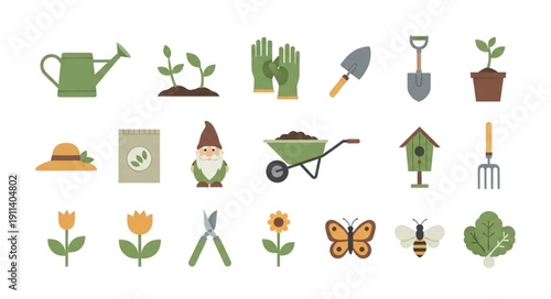 Gardening tools and plants collection flat vector illustration.