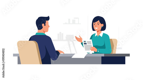 Professional business meeting in office setting with two people discussing documents