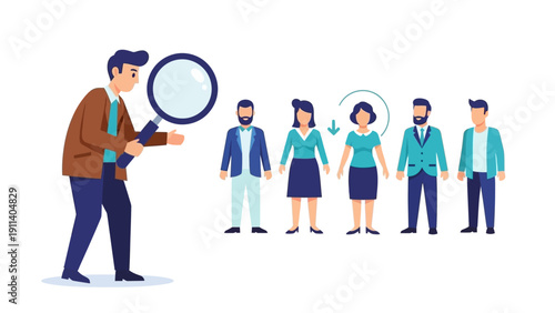 Employee selection concept: businessman with magnifying glass choosing candidate in recruitment process