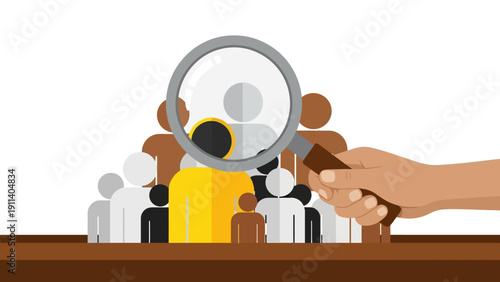 Magnifying glass spotlighting unique individual in diverse group illustration
