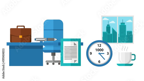 Modern office workspace with desk, clock, and window view