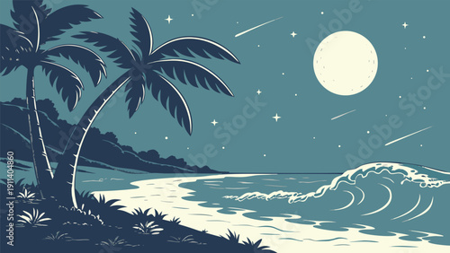 Moonlit Ocean Waves Under Starry Night Sky Vector