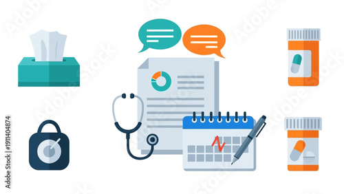 Essential medical and health icons in flat design style