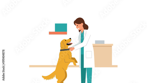 Veterinarian engaging with happy dog in modern flat design clinic setting