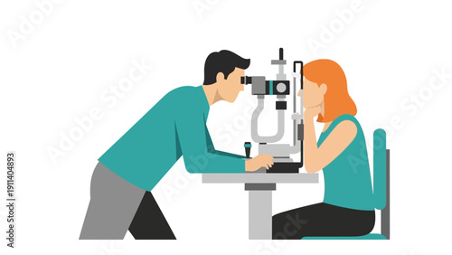 Optometrist conducting vision exam with patient using modern equipment flat design
