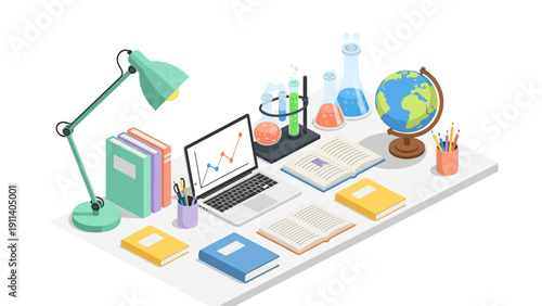 Modern workspace with laptop, books, and science equipment in isometric design