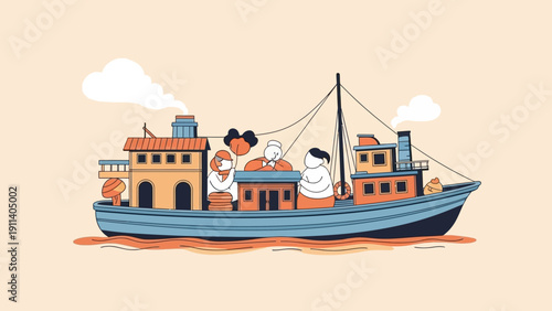 Minimalist cargo ship with people in a nautical scene on calm waters