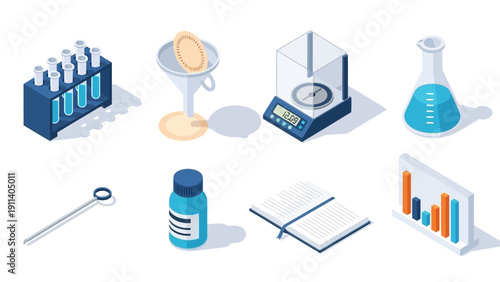 Isometric laboratory equipment: beakers, flasks, and measuring tools in scientific setting