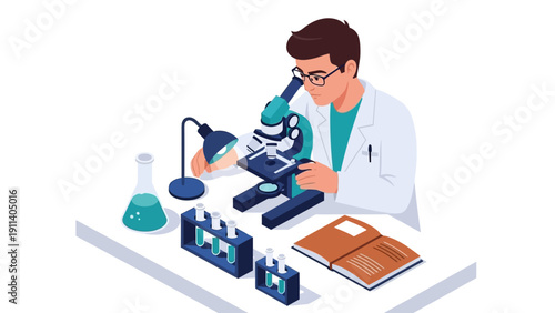 Scientist conducting laboratory research with microscope in isometric style
