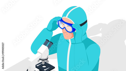 Scientist in protective gear examining specimen through microscope in isometric style