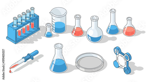 Isometric chemistry lab equipment with test tubes and molecular structure