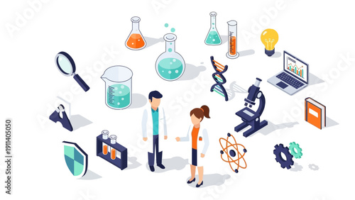 Futuristic science lab isometric design with scientists and equipment