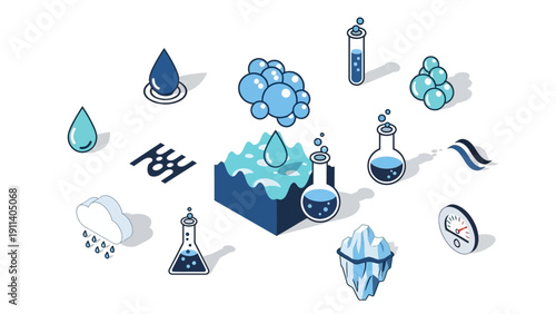 Isometric water science icons set featuring lab equipment and nature elements