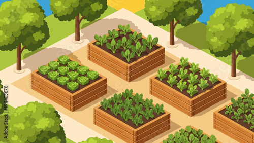 Isometric garden design with raised plant beds and trees on a sunny day