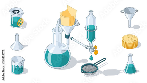 Laboratory equipment for chemistry experiments in isometric style