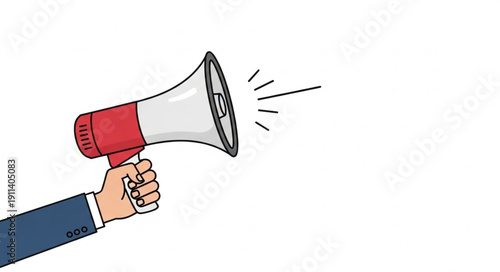 Hand holding a red and white megaphone making announcement.