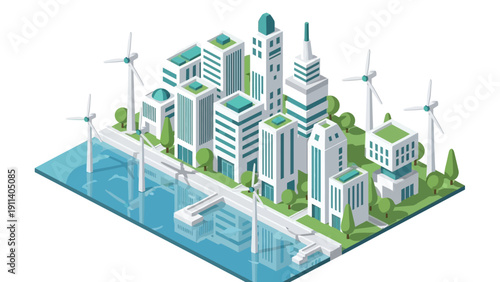 Sustainable urban city with wind turbines and green roof buildings