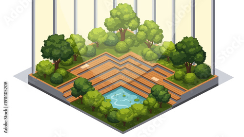 Isometric urban courtyard with trees and small pond in modern design