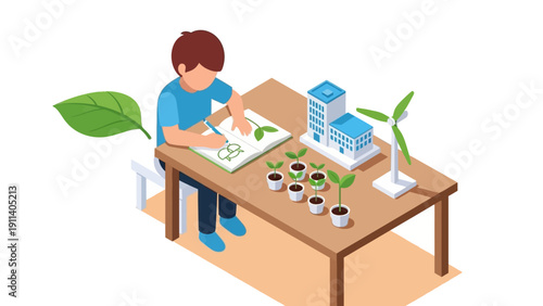 Isometric art of eco-friendly design with potted plants and sustainable energy concept