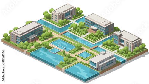 Isometric modern urban landscape with green spaces and water features