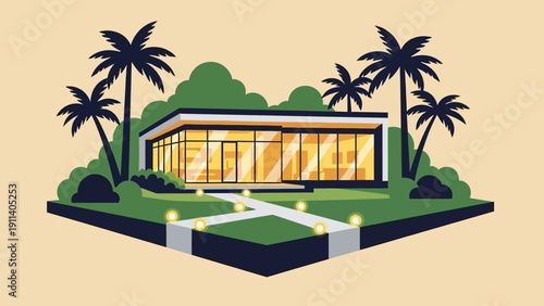 Modern mid-century house with palm trees and pathway in flat design
