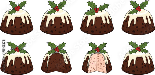 Christmas pudding  set. Traditional holiday dessert with holly leaves and icing topping. Whole and sliced festive cake illustrations in cute cartoon style.