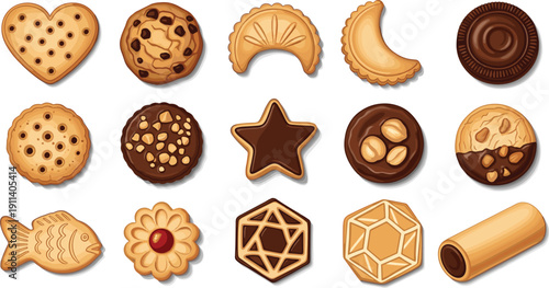 cookie illustration set. Chocolate, nut and butter biscuit shapes collection. Sweet bakery icons in flat cartoon style for dessert design.