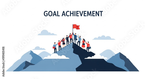 Team celebrating reaching mountain peak with flag goal achievement concept.