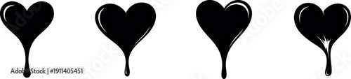 Heart dripping black ink silhouette vector illustration set isolated on transparent background