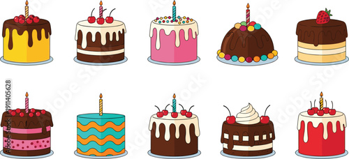 Birthday cake cartoon illustration set. Colorful celebration desserts with candles and cherries. Sweet bakery collection with dripping glaze and cream layers.