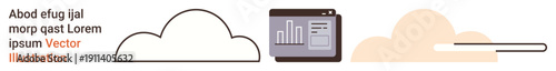 Cloud computing, data presentation, file storage, network syncing, web technology, progress tracking. Cloud shapes connected to a data dashboard and a progress bar. Cloud computing and data