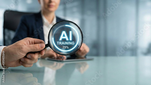 AI training visual machine learning concept with magnifying glass and business professional in office showing progress and focus
