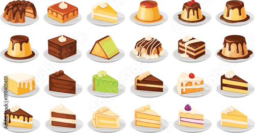 Assorted dessert plate illustration set. Pudding, cheesecake and chocolate cake slices. Sweet bakery collection with caramel glaze and creamy layered treats.