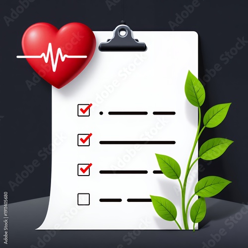Self-Care Checklist with Heartbeat and Green Plant Illustration